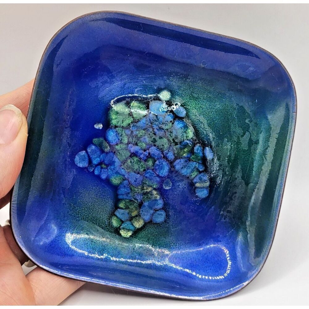 Bovano MCM Ashtray mid century modern vintage enamel on copper 4.25in Blue Green